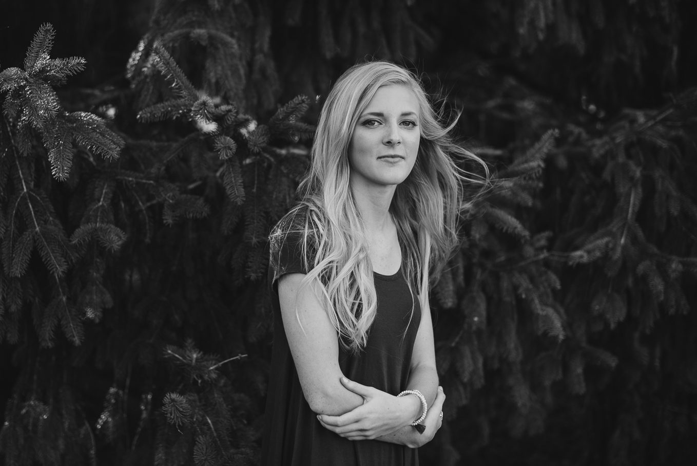 wind blowing black and white portrait