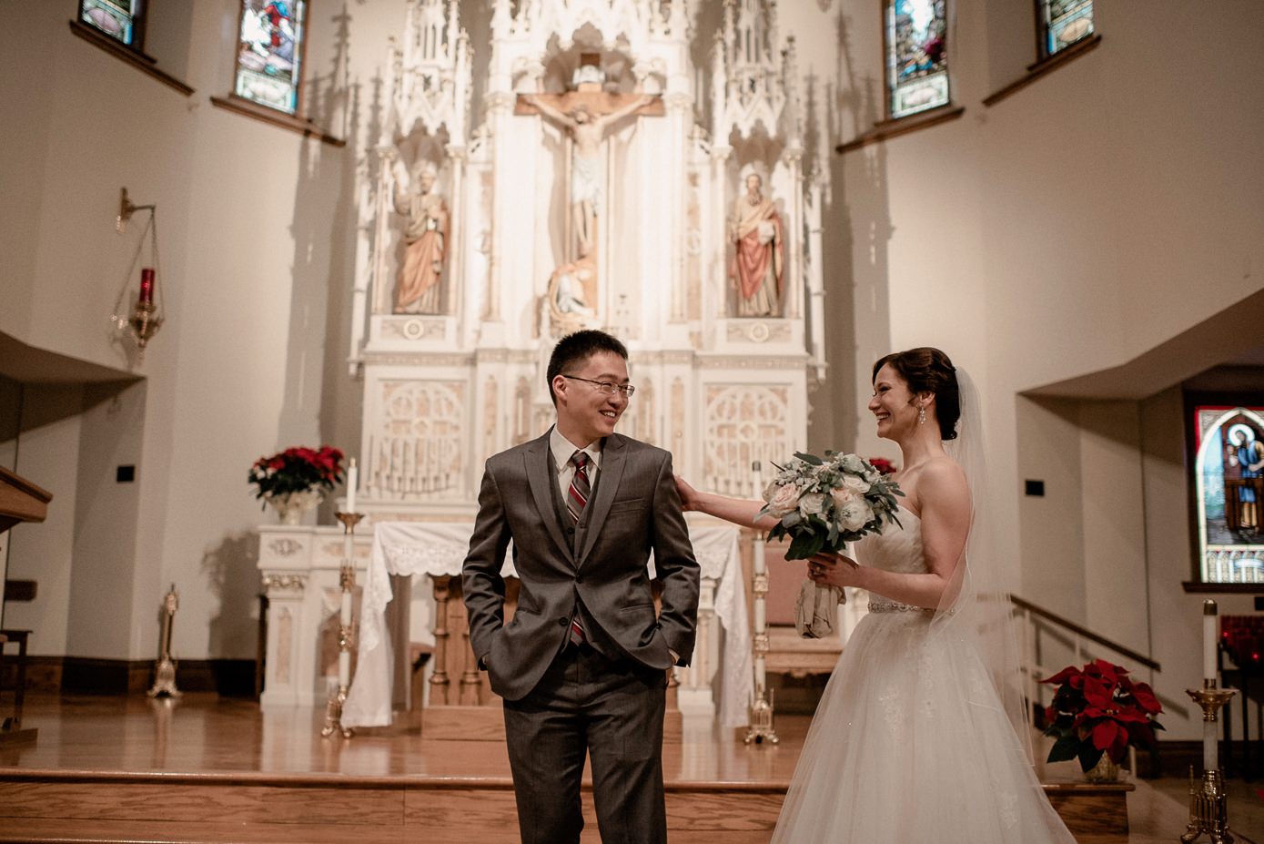 Groom seeing his bride for the first time during first look