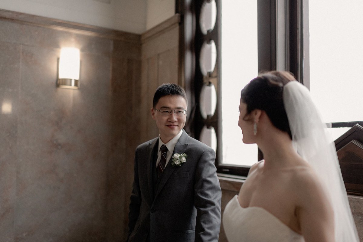 Bride looking at groom in Baraboo Court House