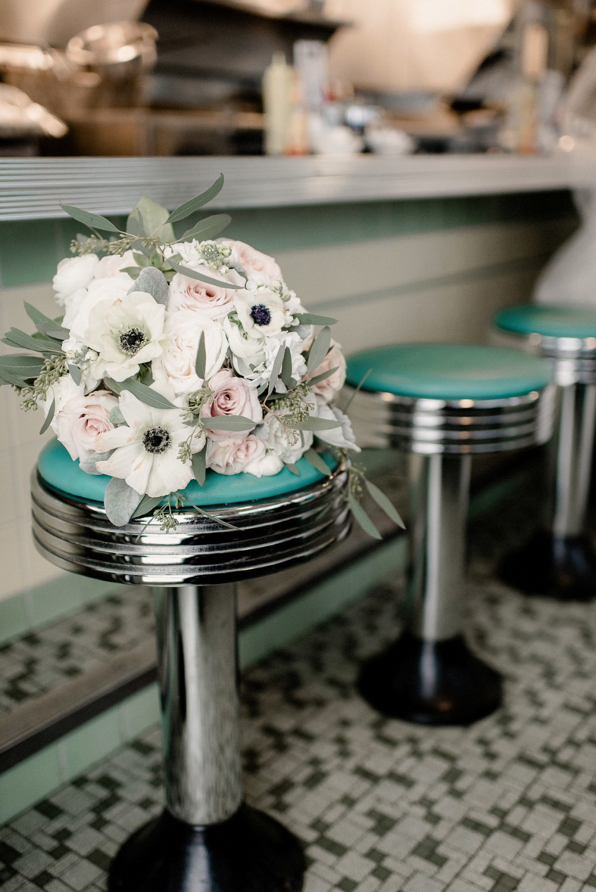 Bride's bouquet in Broadway Diner in Baraboo