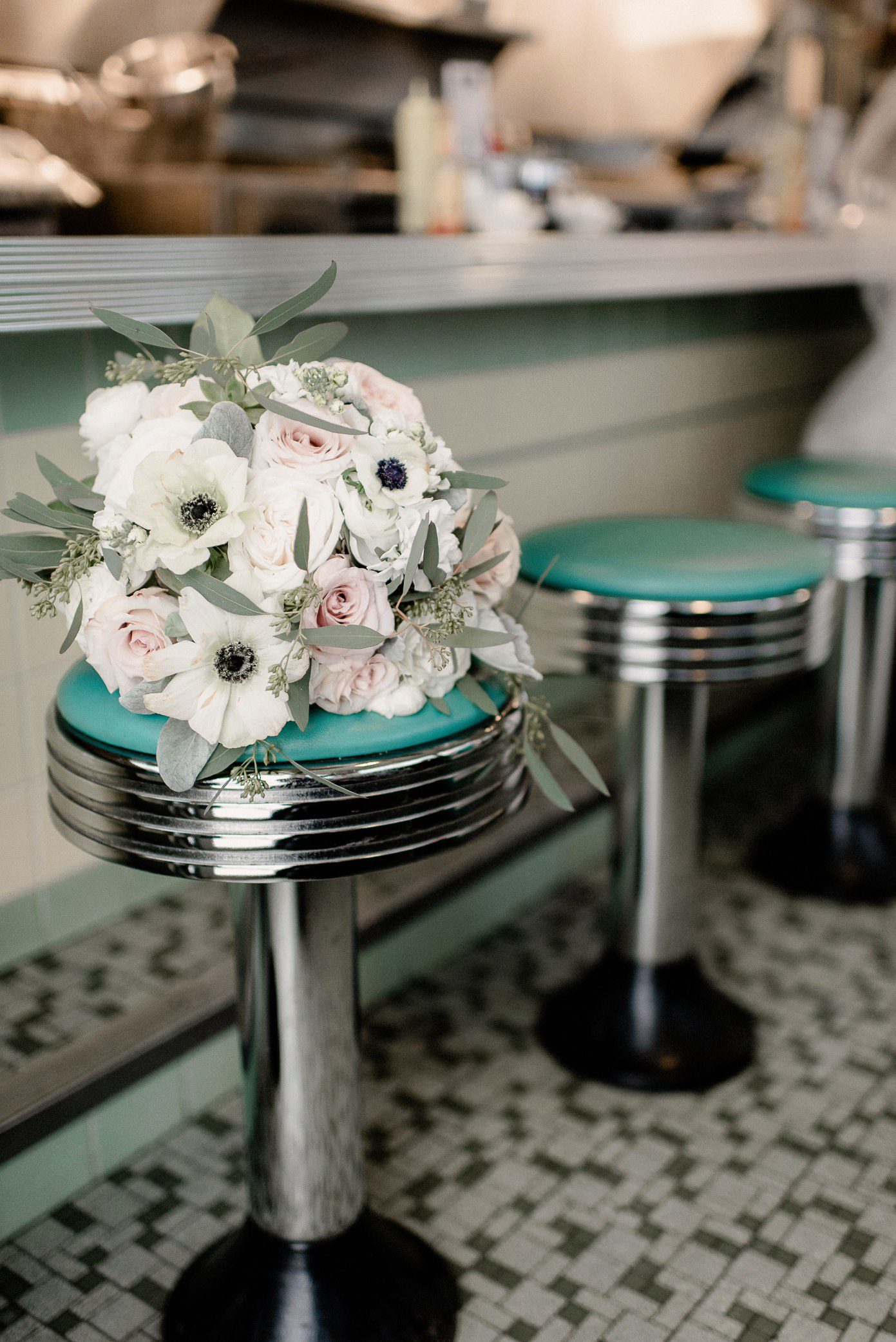 Bride's bouquet in Broadway Diner in Baraboo