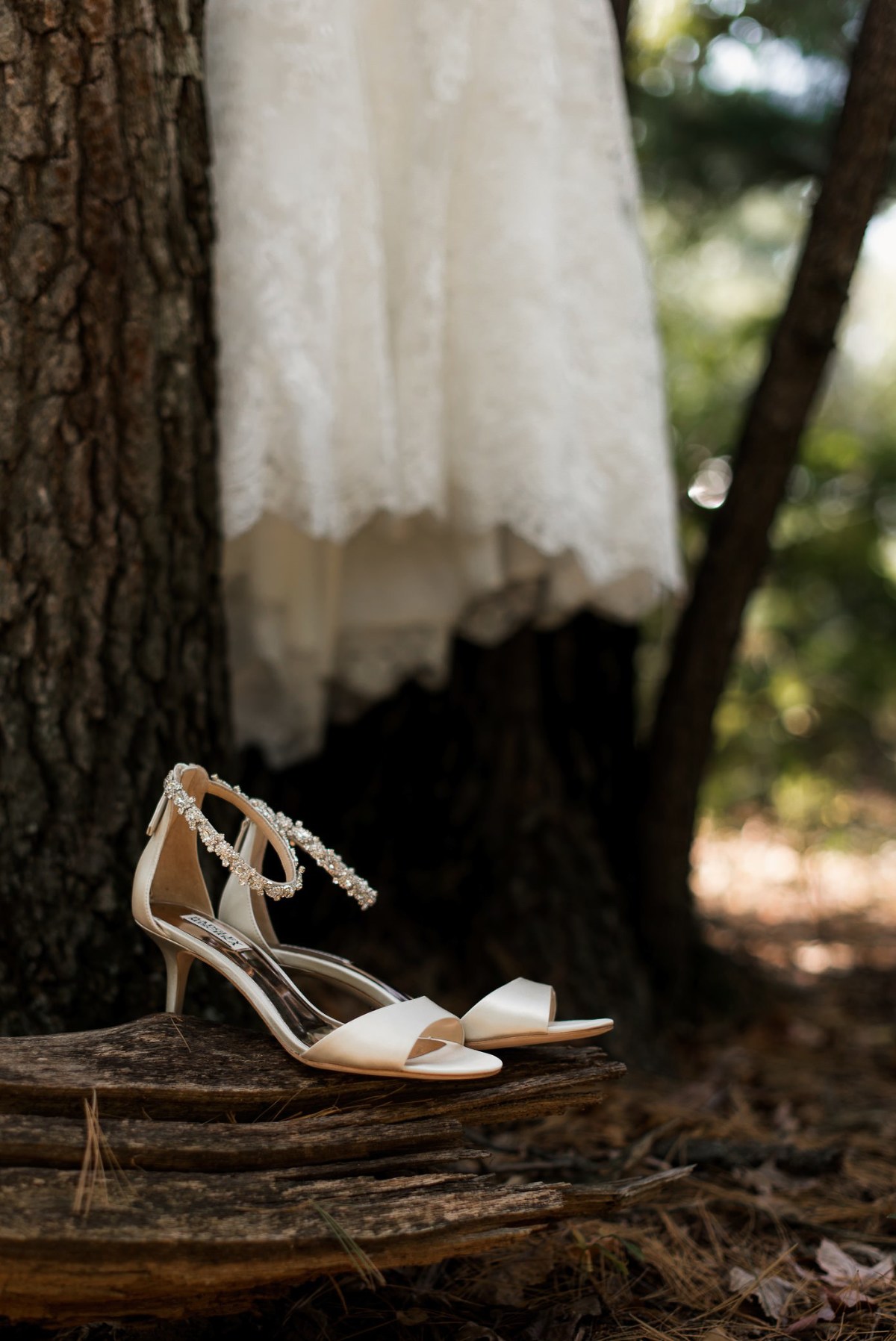 Wedding shoes with Vera's Bridal Gown in background.