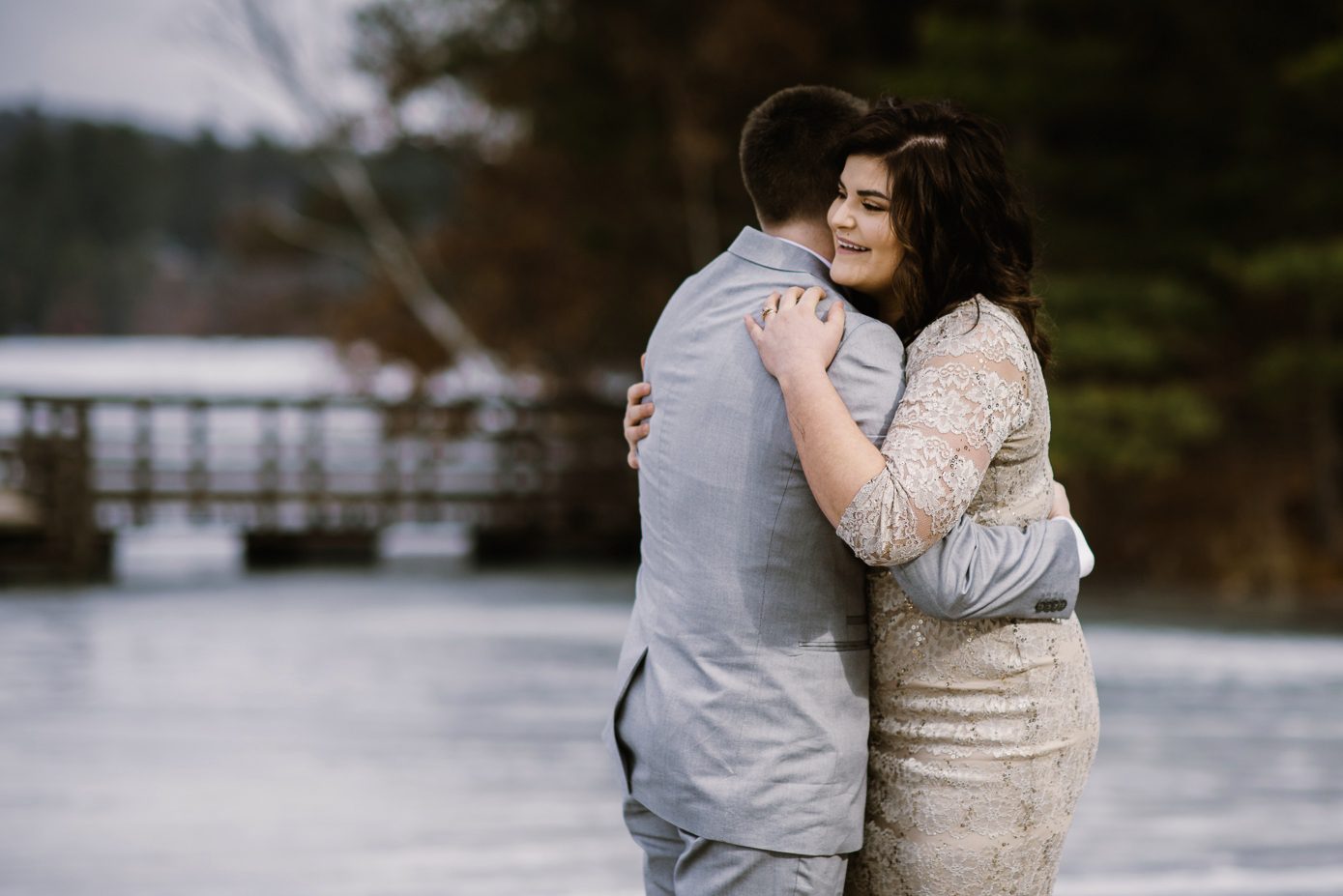 Wedding couple hugging