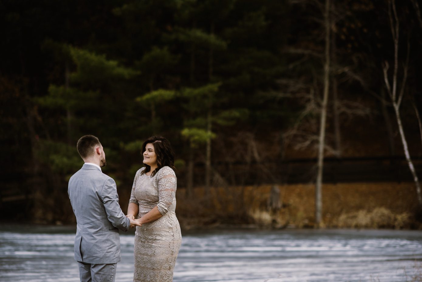 Bride and groom's first look at Mirror Lake