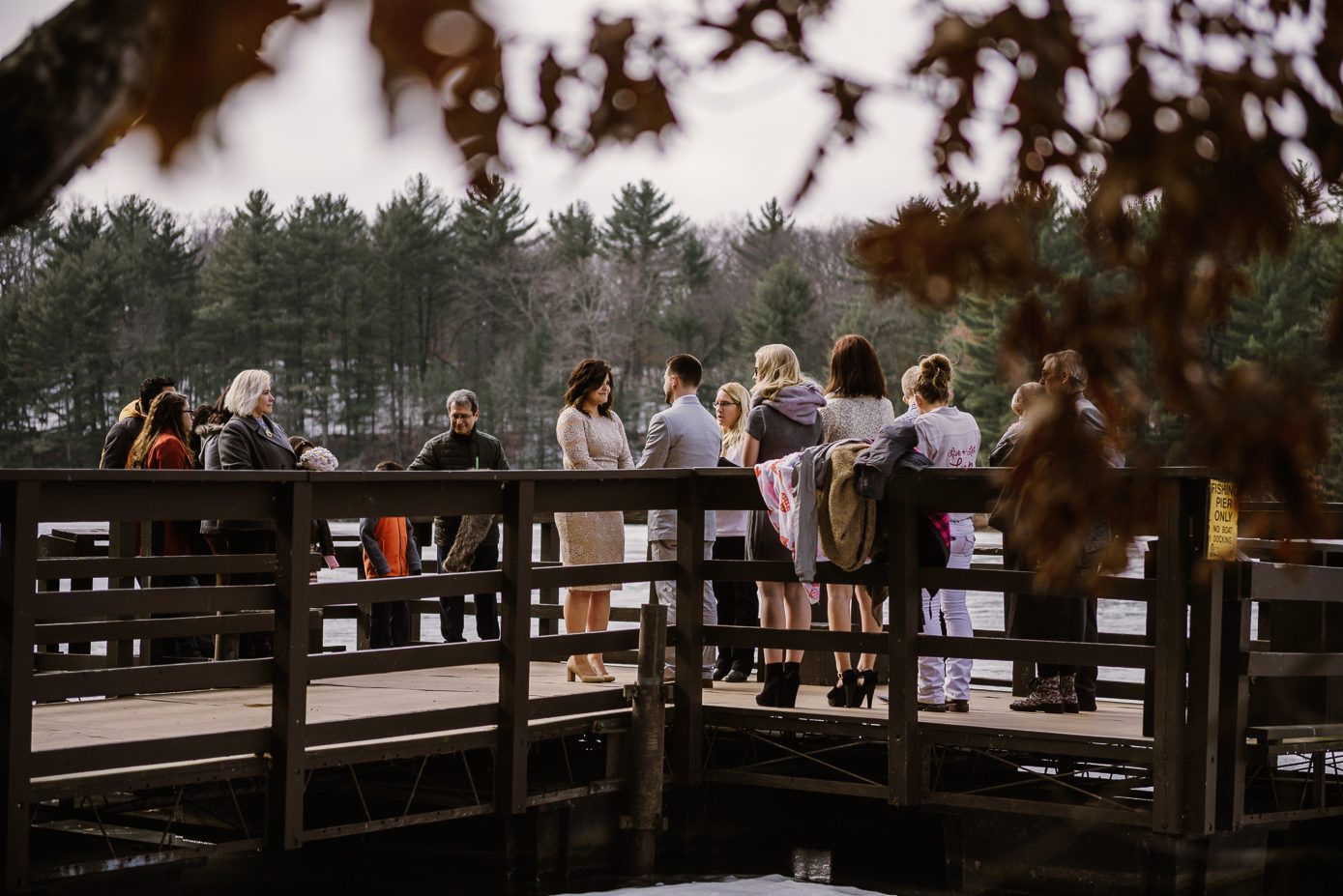 Mirror Lake wedding ceremony on pier.