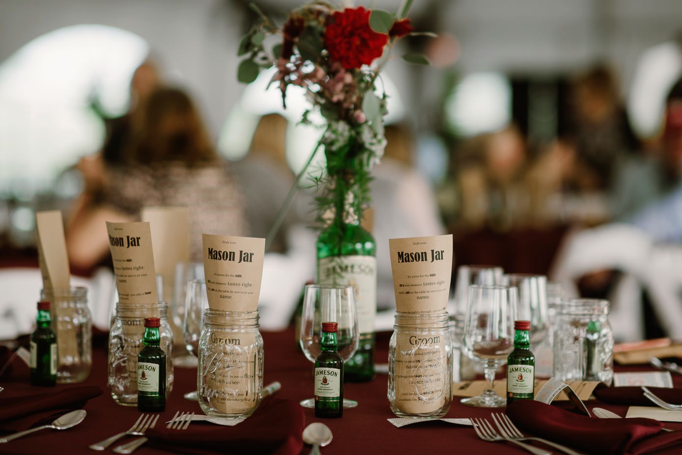 Jameson Whiskey party favors at The Oaks Golf Course wedding reception