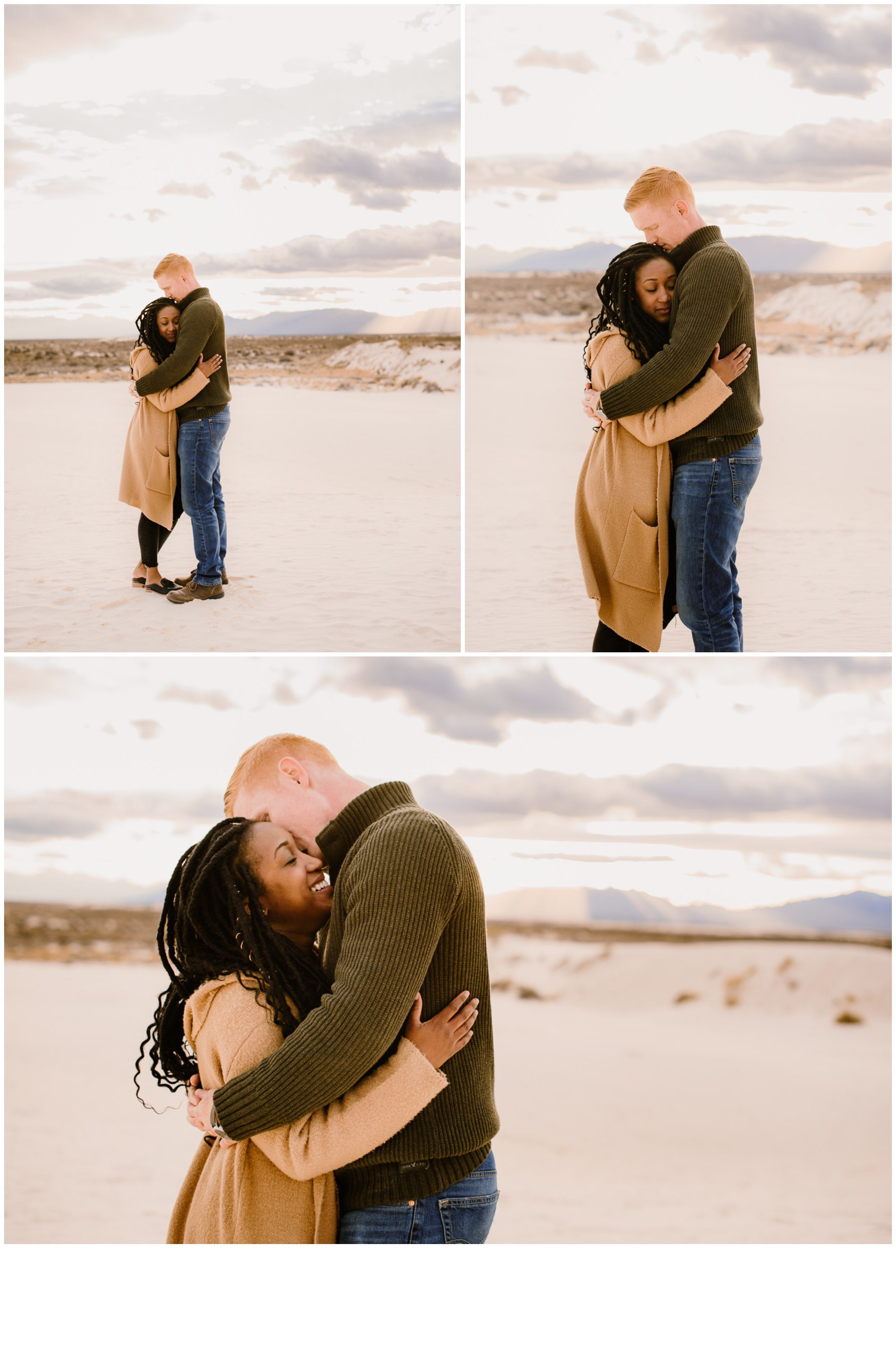 Couple hugging during White Sands engagement session