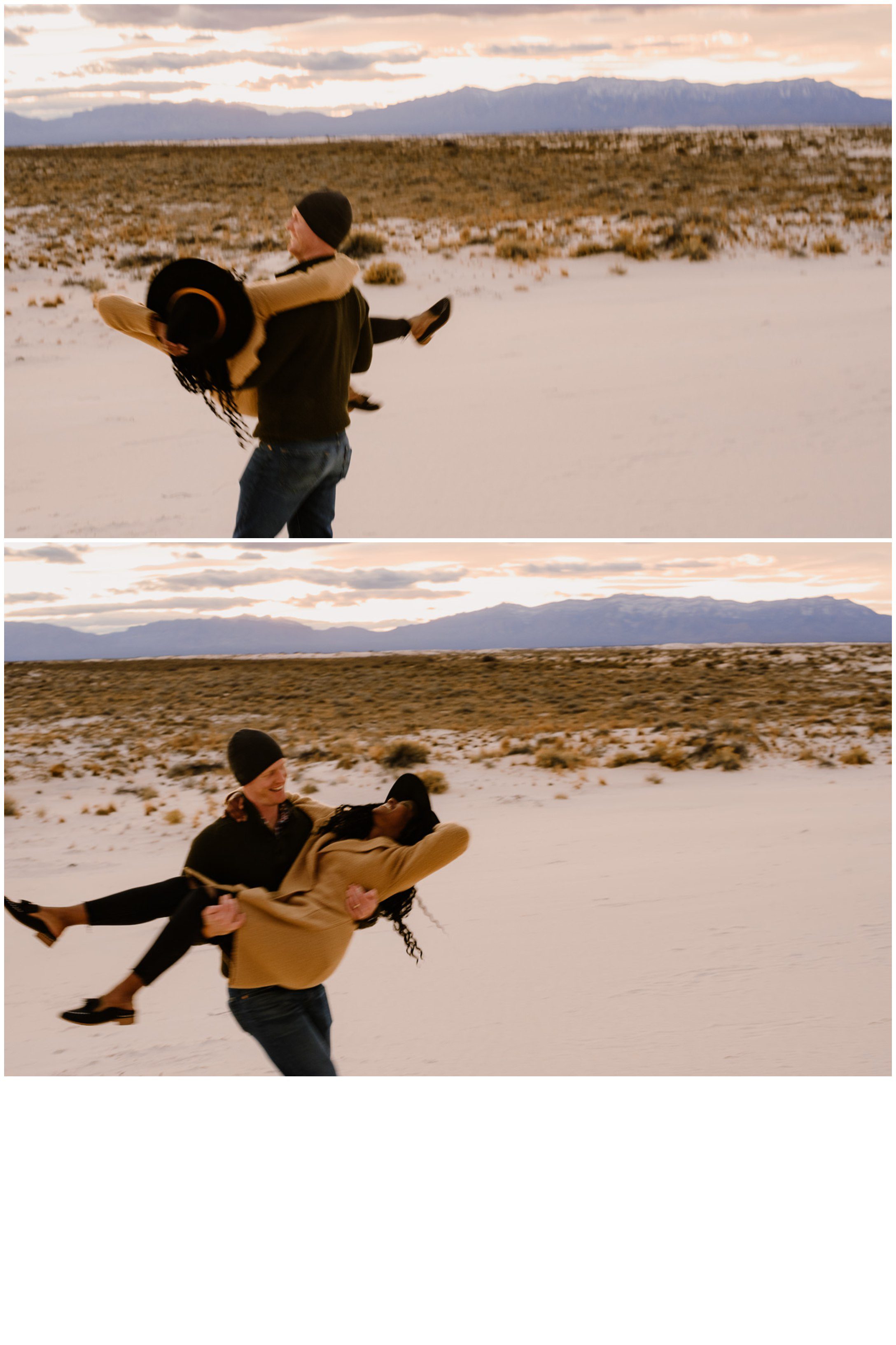 Couple twirling in desert in New Mexico