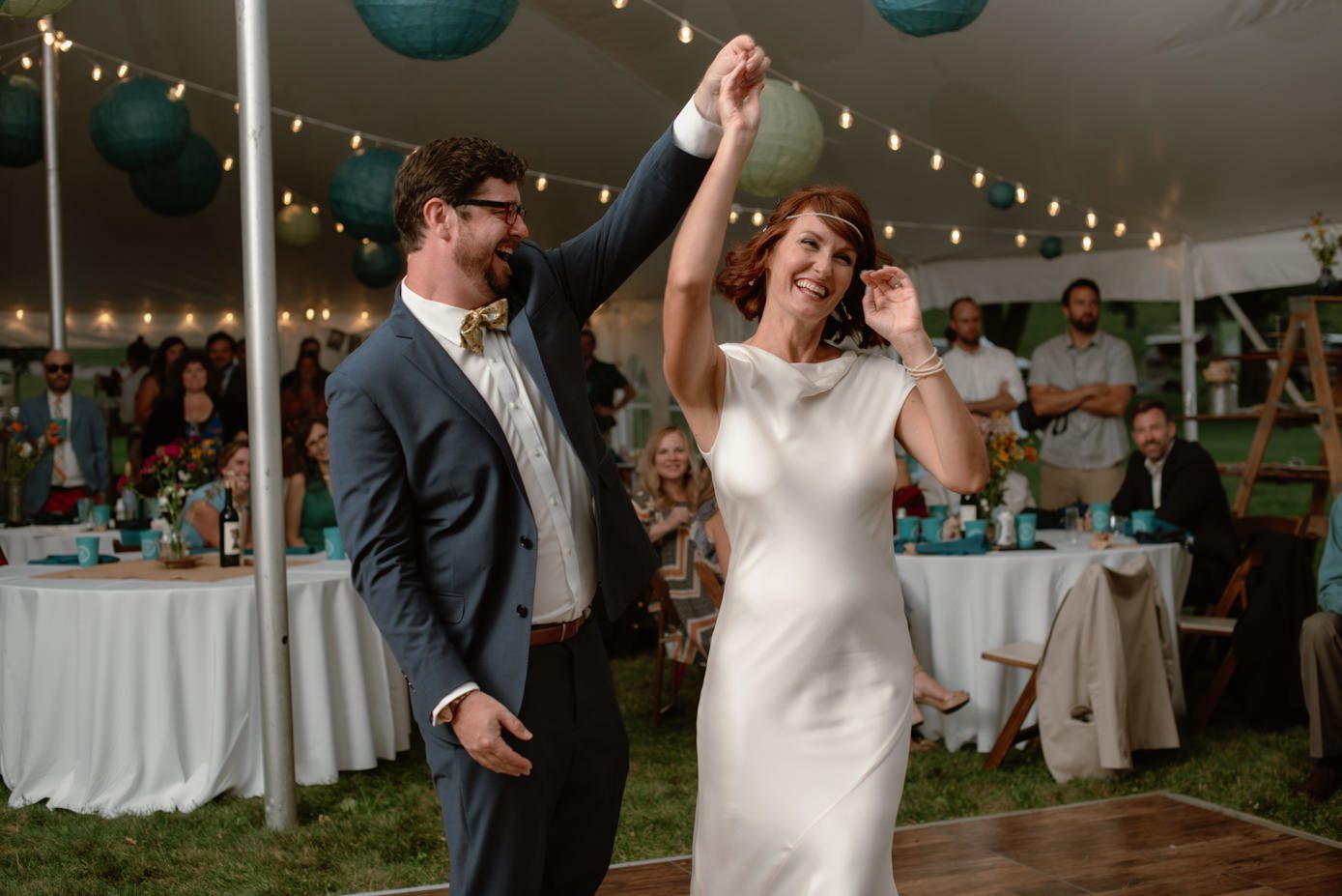 Dancing at wedding reception held at Olbrich Park in Madison