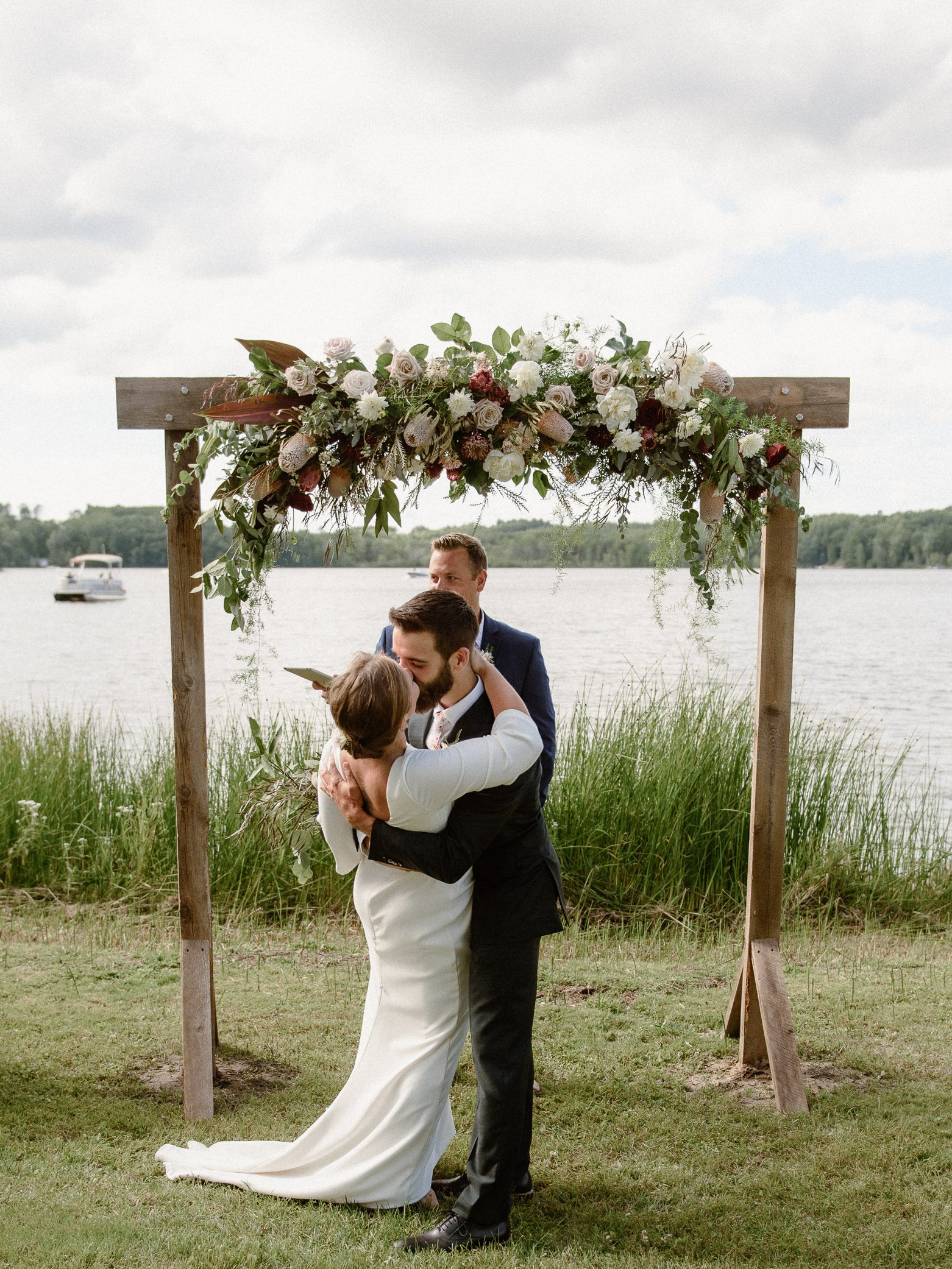 Bride and groom first kiss