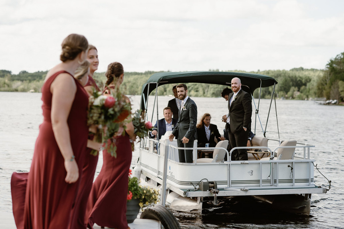 Groom arriving to ceremony on boat