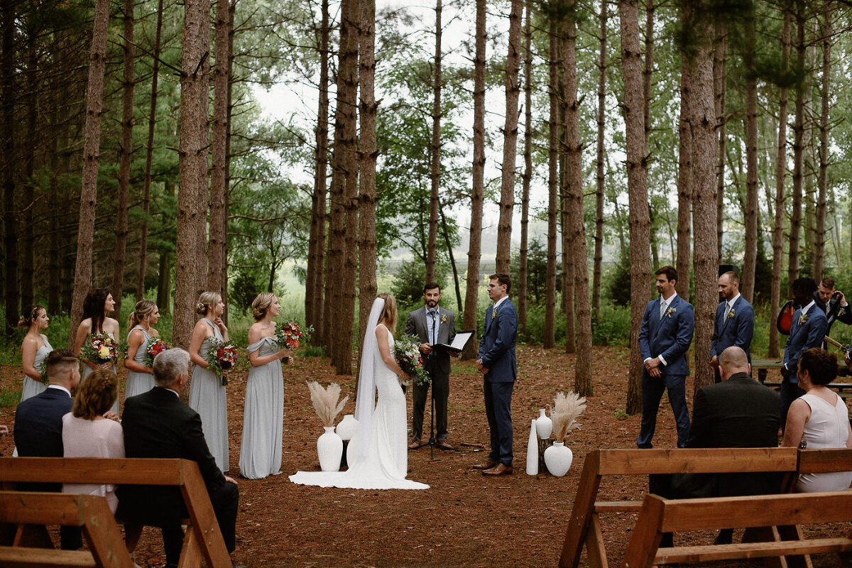 Outdoor Wisconsin wedding in pine forest
