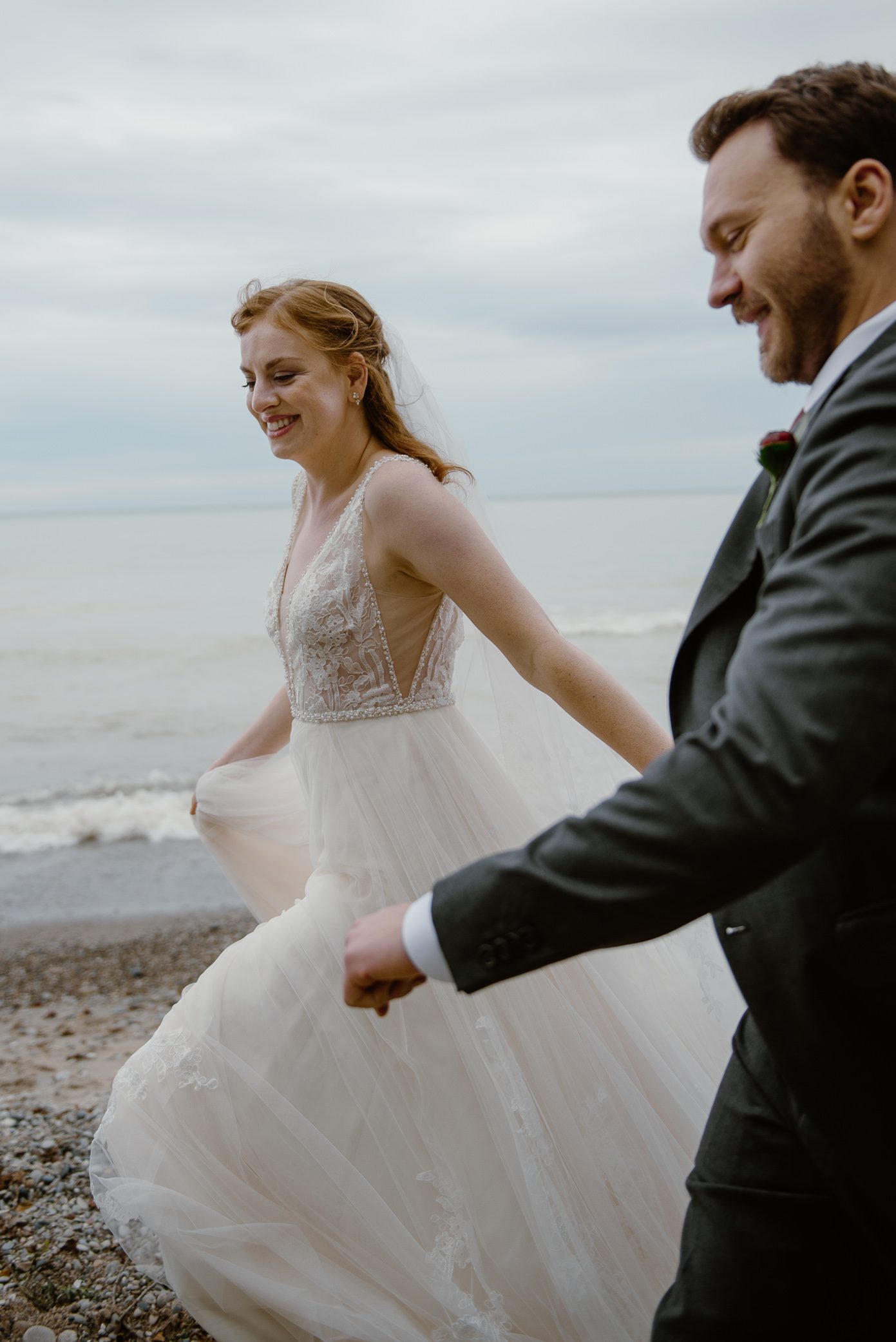 Bride and groom by Lake Michigan - Schlitz Audubon