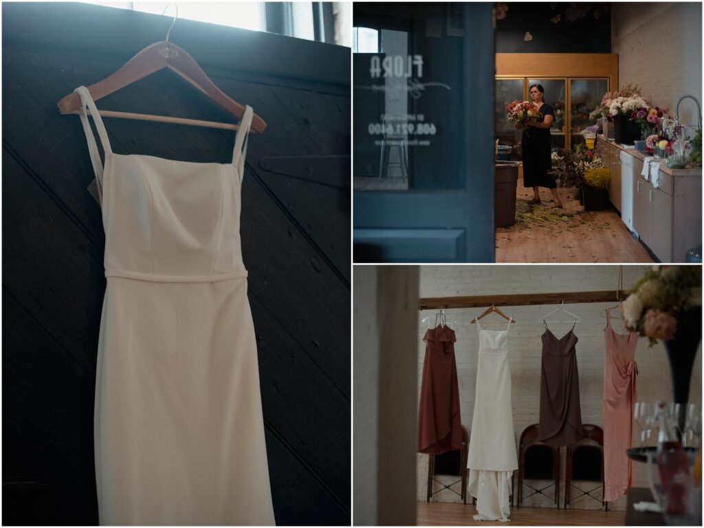 Modern wedding gown and floral details inside industrial wedding venue in Stoughton.