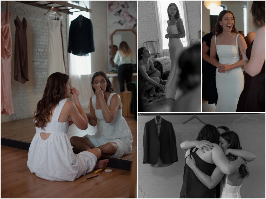 Bride getting ready with bridesmaids in the Leif Room bridal suite at the Lageret.