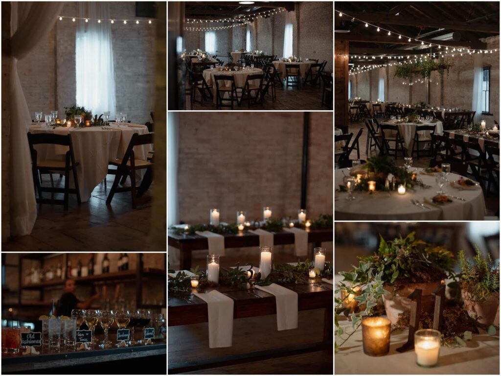 Dinner floorplan and romantic candlelit reception details of the industrial Dining Space at The Lageret in Stoughton.